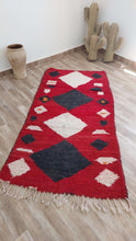 Load image into Gallery viewer, Small black red Moroccan rug runner - vintage Boujaad rug - hand woven berber carpet - boucherouite rug - tapis Marocain 210x104 cm