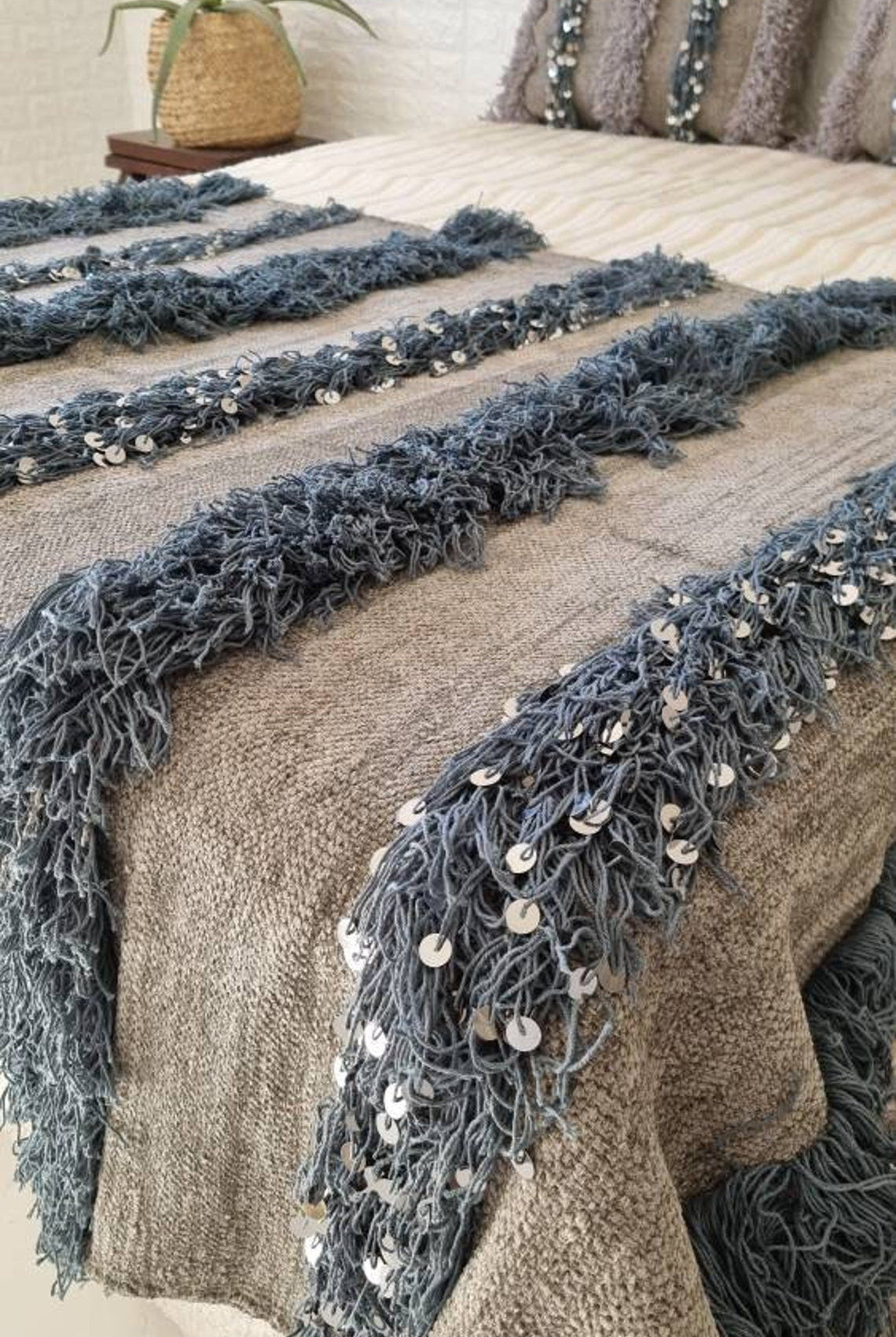 Elegant Moroccan Handira Wedding Blanket - Gray Berber Handwoven Decor for Bedroom MoroccanBazzArts