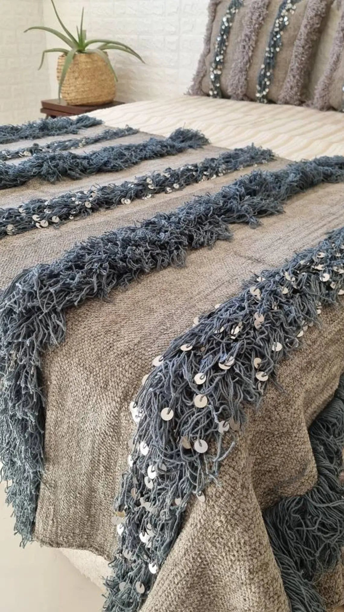Elegant Moroccan Handira Wedding Blanket - Gray Berber Handwoven Decor for Bedroom MoroccanBazzArts