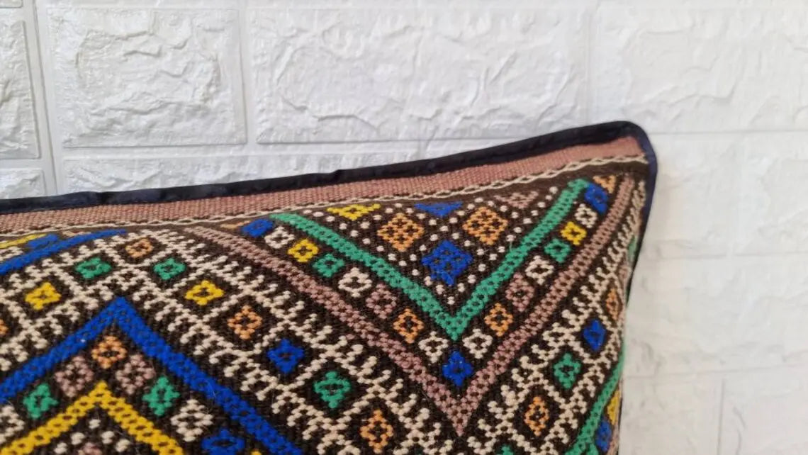 Vintage Lumbar Moroccan Pillow - Cushion From Marmoucha Tribe - Berber Style 15x31 Inches MoroccanBazzArts