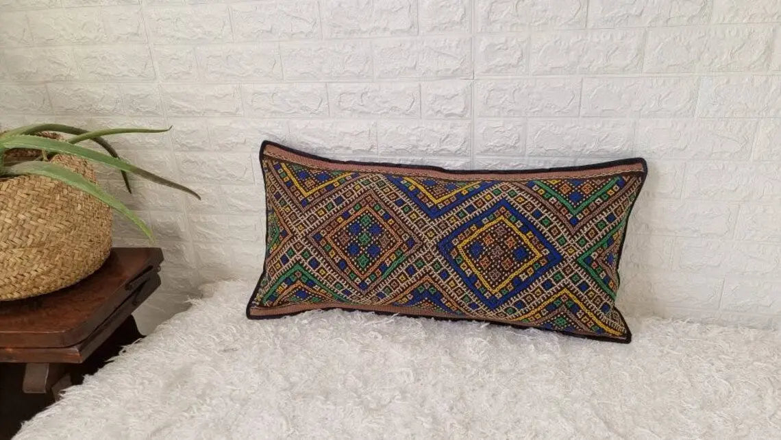 Vintage Lumbar Moroccan Pillow - Cushion From Marmoucha Tribe - Berber Style 15x31 Inches MoroccanBazzArts
