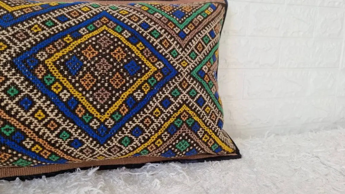 Vintage Lumbar Moroccan Pillow - Cushion From Marmoucha Tribe - Berber Style 15x31 Inches MoroccanBazzArts