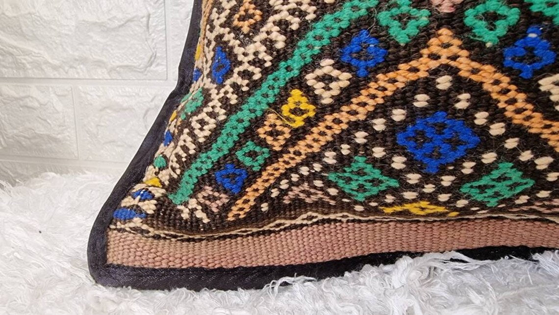 Vintage Lumbar Moroccan Pillow - Cushion From Marmoucha Tribe - Berber Style 15x31 Inches MoroccanBazzArts