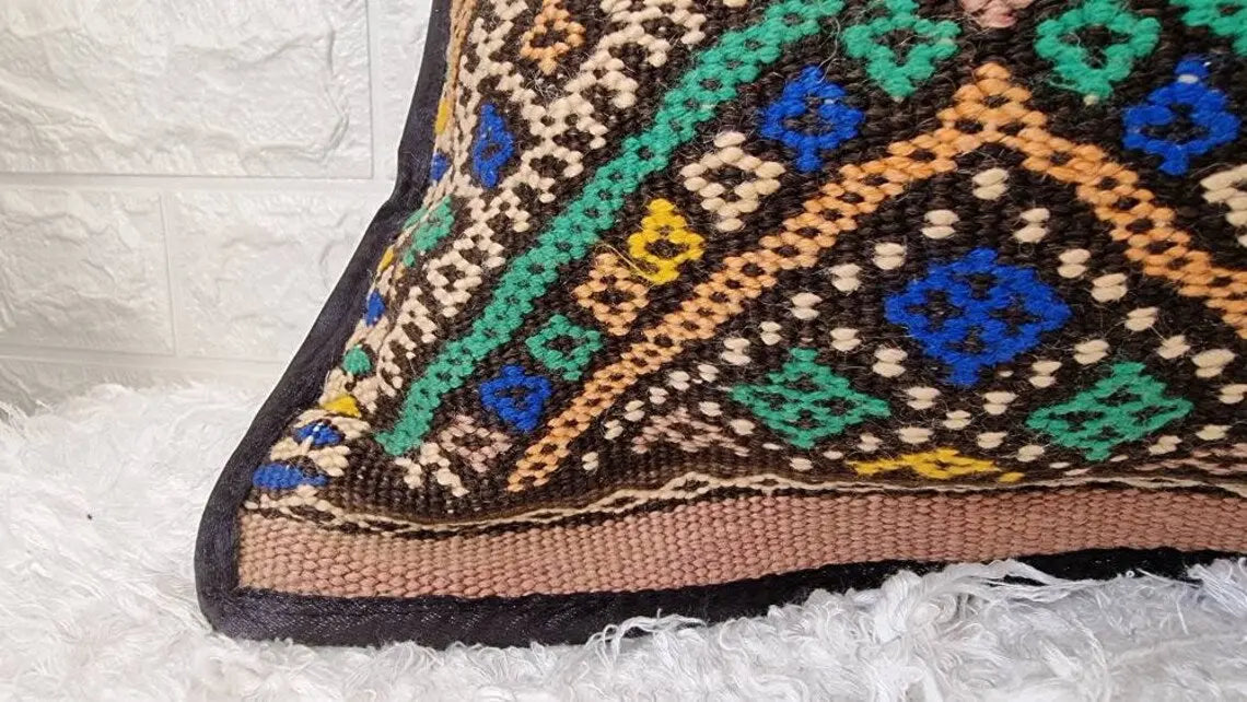 Vintage Lumbar Moroccan Pillow - Cushion From Marmoucha Tribe - Berber Style 15x31 Inches MoroccanBazzArts