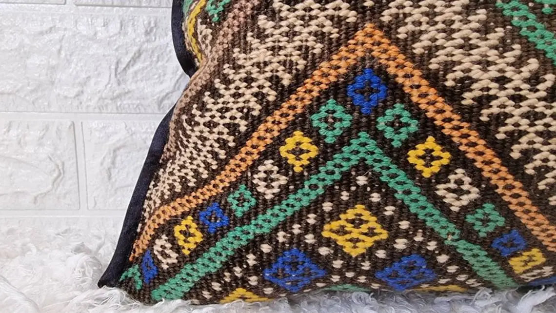 Vintage Moroccan Kilim Lumbar Pillow - Handwoven Berber Marmoucha Cushion Cover 14x31 Inches MoroccanBazzArts