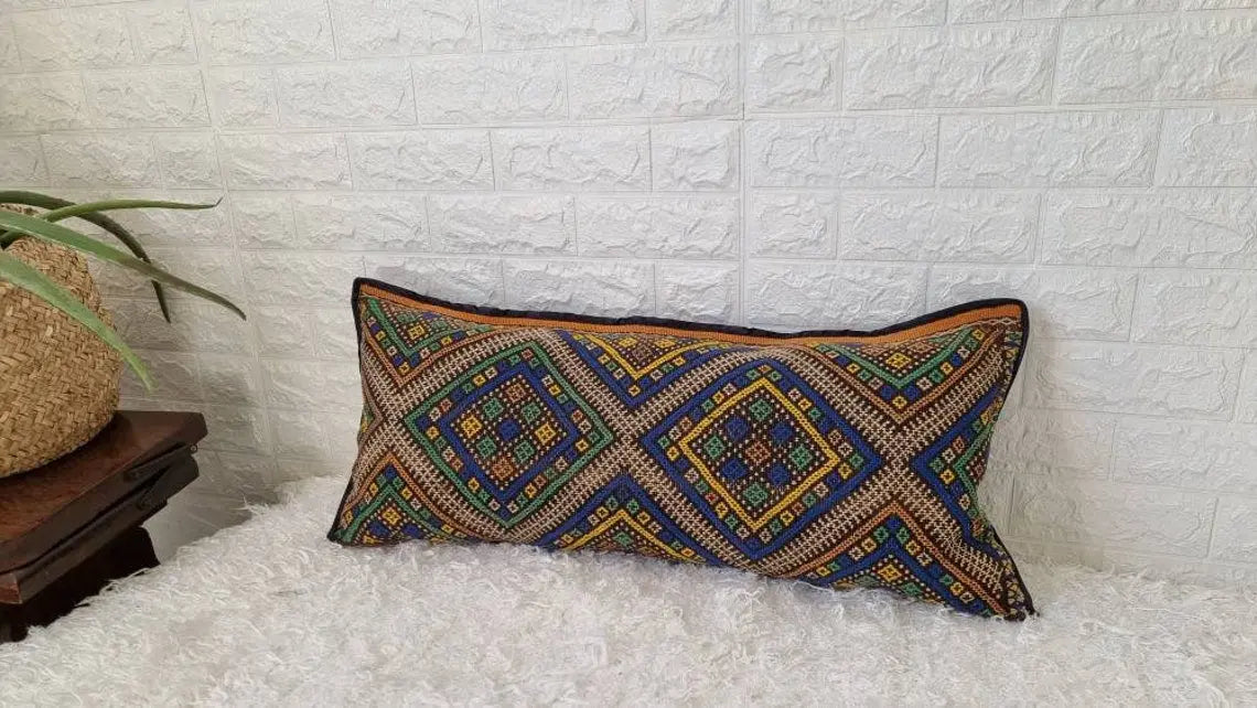 Vintage Moroccan Kilim Lumbar Pillow - Handwoven Berber Marmoucha Cushion Cover 14x31 Inches MoroccanBazzArts