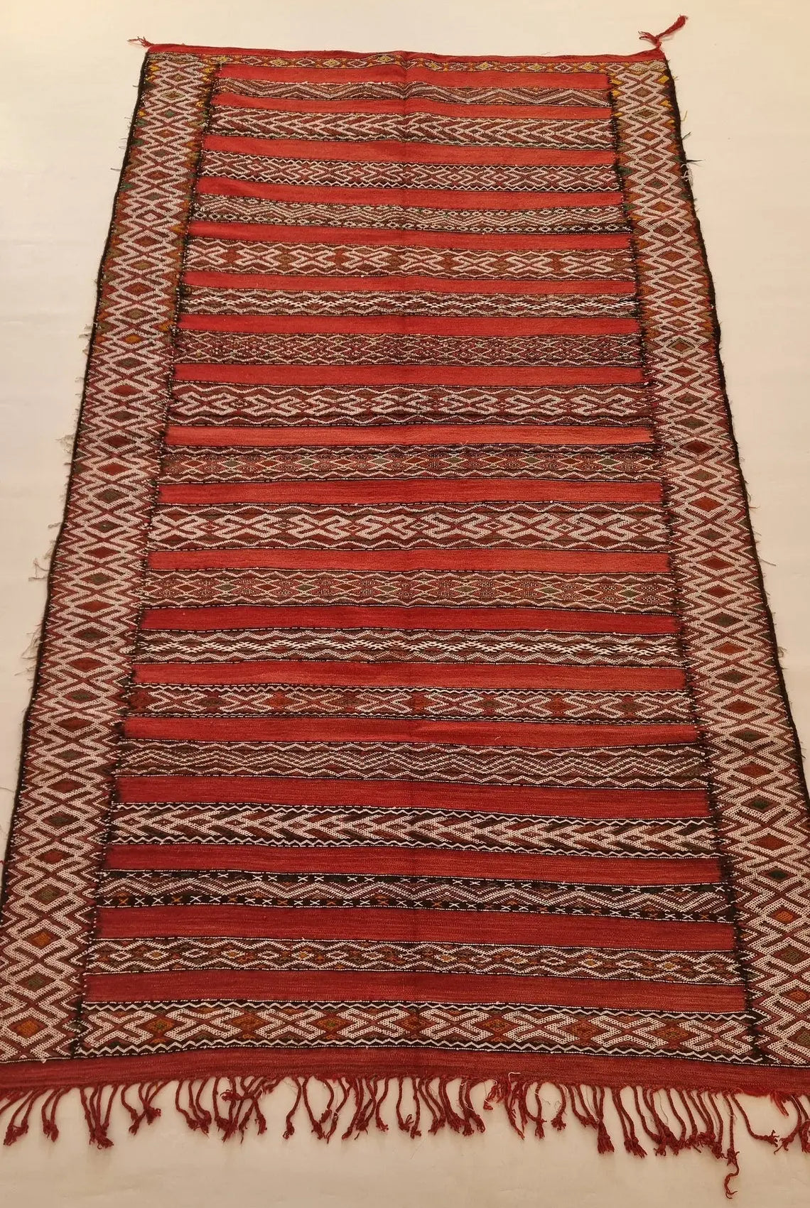 Moroccan Stripe Rug Red Ivory Wool 10'x5'6 Geometric Flatweave Kilim Pattern MoroccanBazzArts