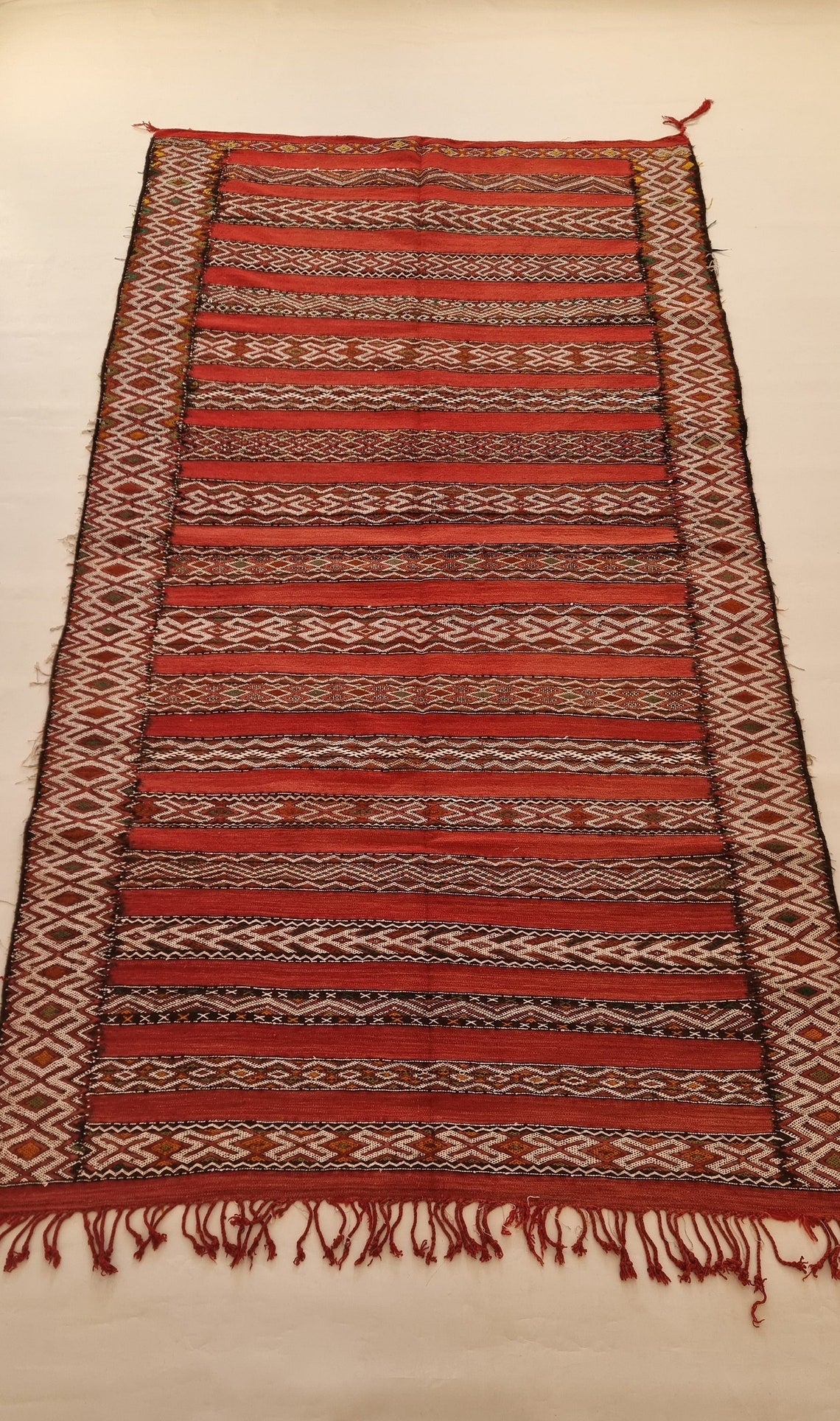Moroccan Stripe Rug Red Ivory Wool 10'x5'6 Geometric Flatweave Kilim Pattern MoroccanBazzArts