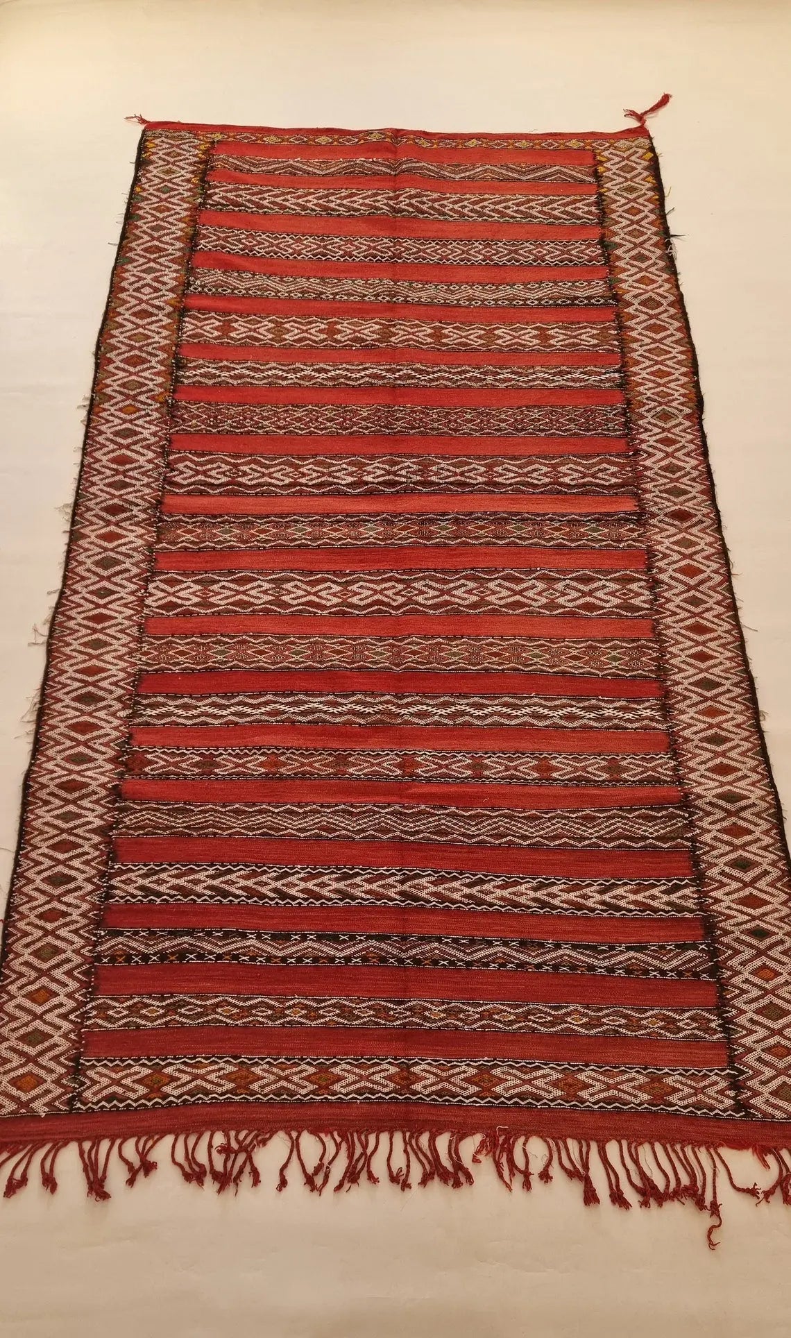 Moroccan Stripe Rug Red Ivory Wool 10'x5'6 Geometric Flatweave Kilim Pattern MoroccanBazzArts