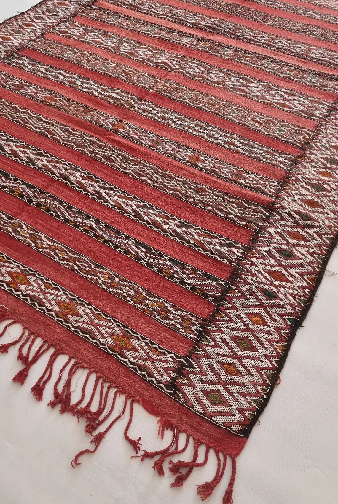 Moroccan Stripe Rug Red Ivory Wool 10'x5'6 Geometric Flatweave Kilim Pattern MoroccanBazzArts