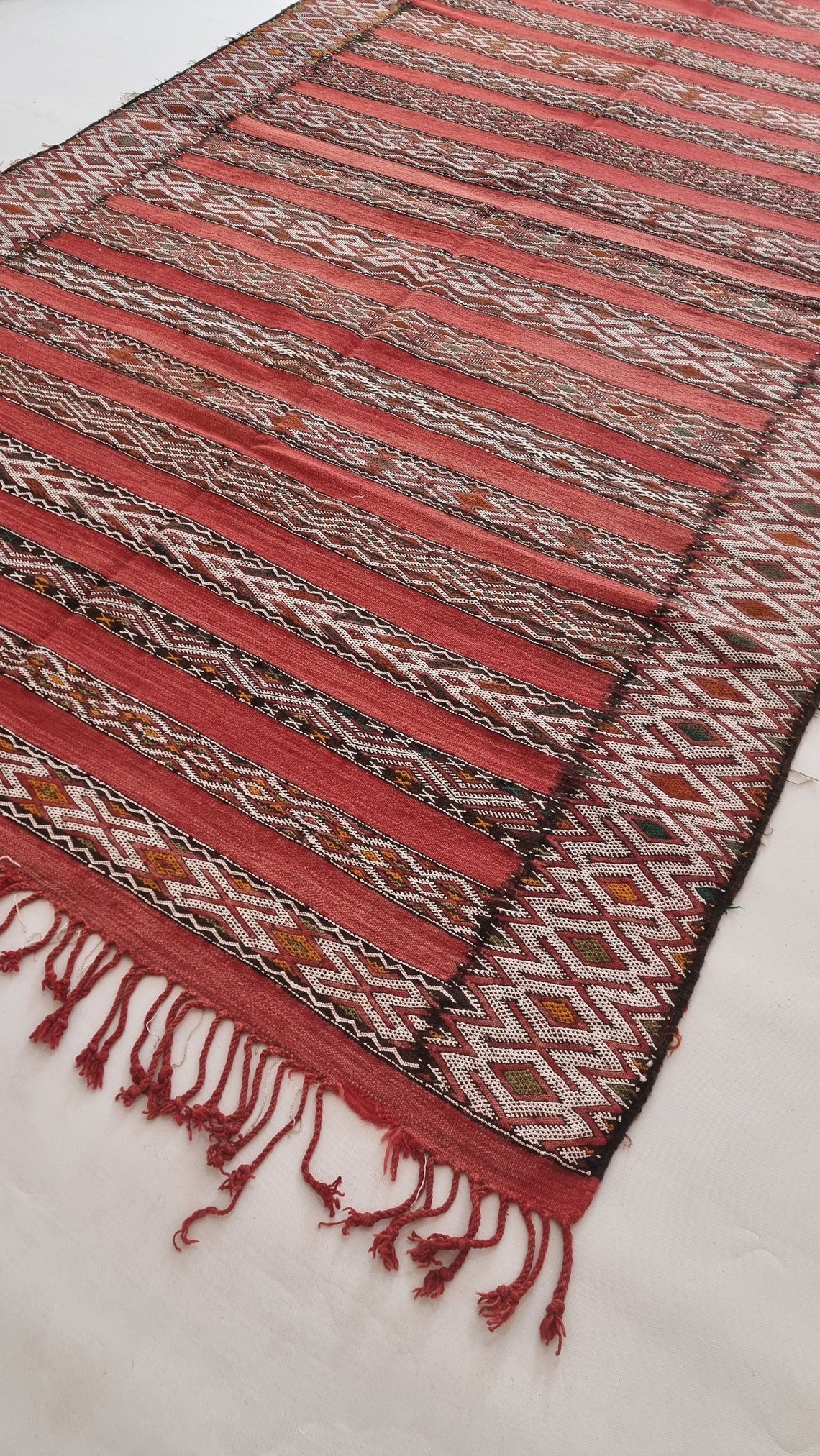 Moroccan Stripe Rug Red Ivory Wool 10'x5'6 Geometric Flatweave Kilim Pattern MoroccanBazzArts