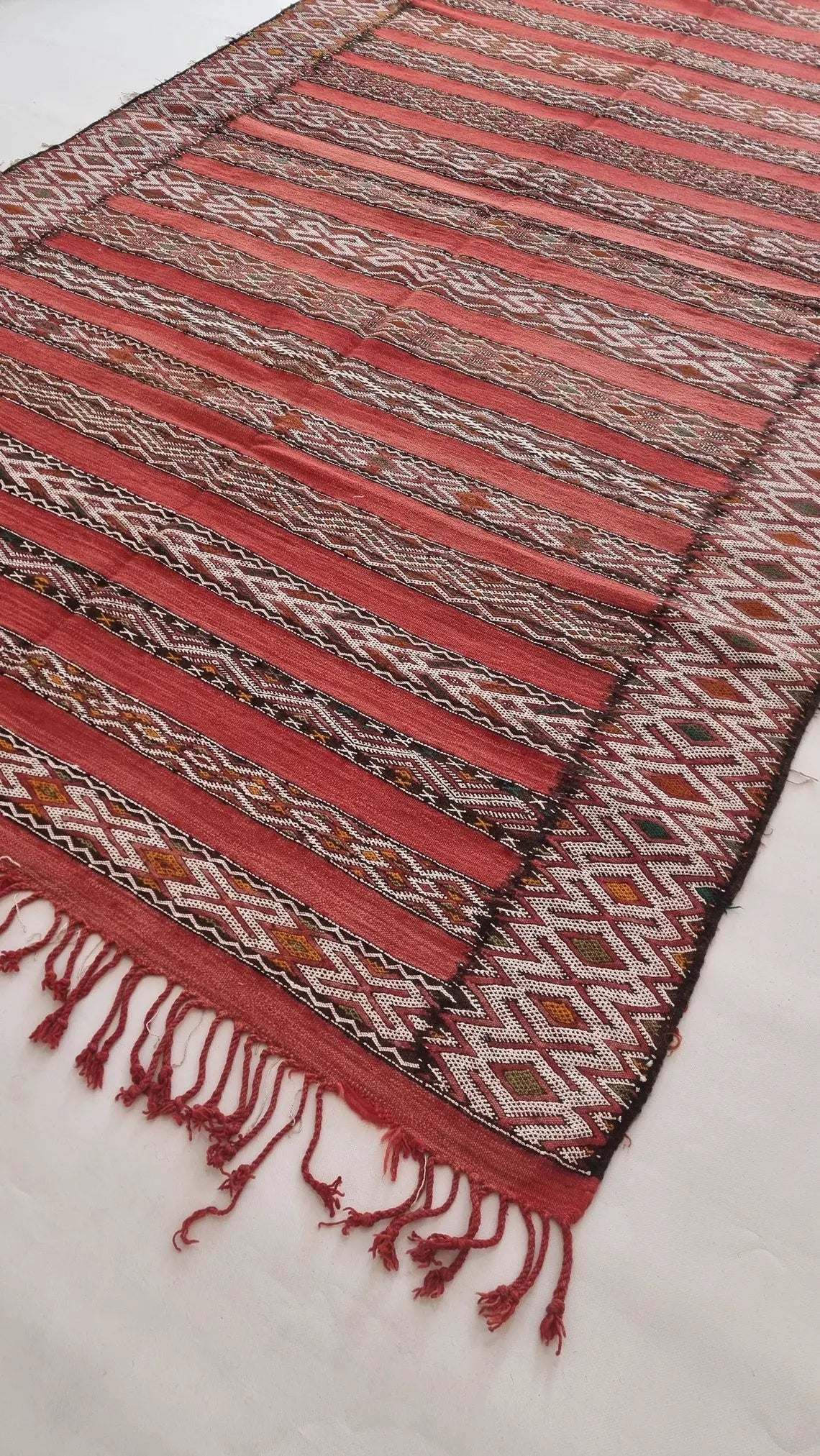 Moroccan Stripe Rug Red Ivory Wool 10'x5'6 Geometric Flatweave Kilim Pattern MoroccanBazzArts