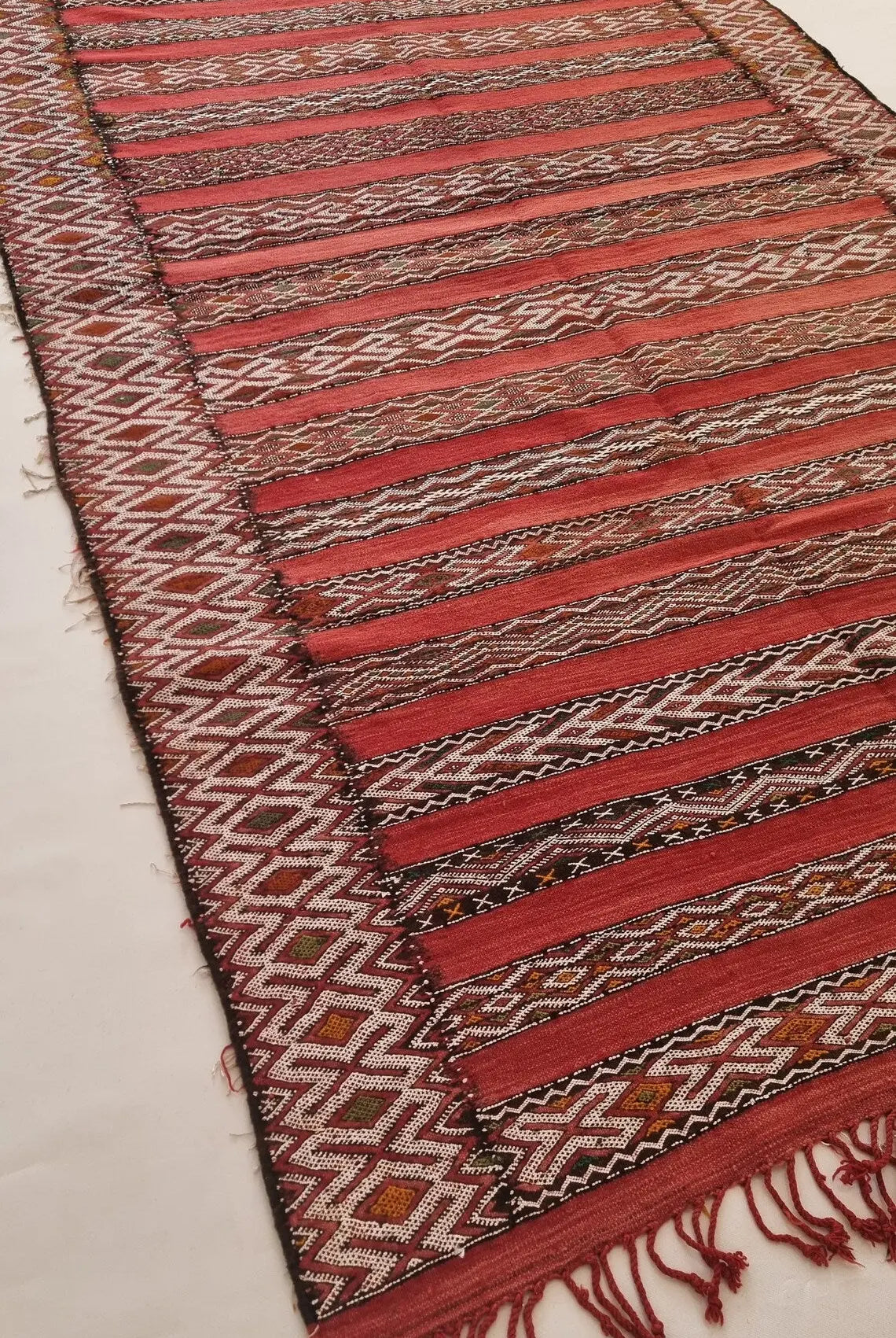 Moroccan Stripe Rug Red Ivory Wool 10'x5'6 Geometric Flatweave Kilim Pattern MoroccanBazzArts