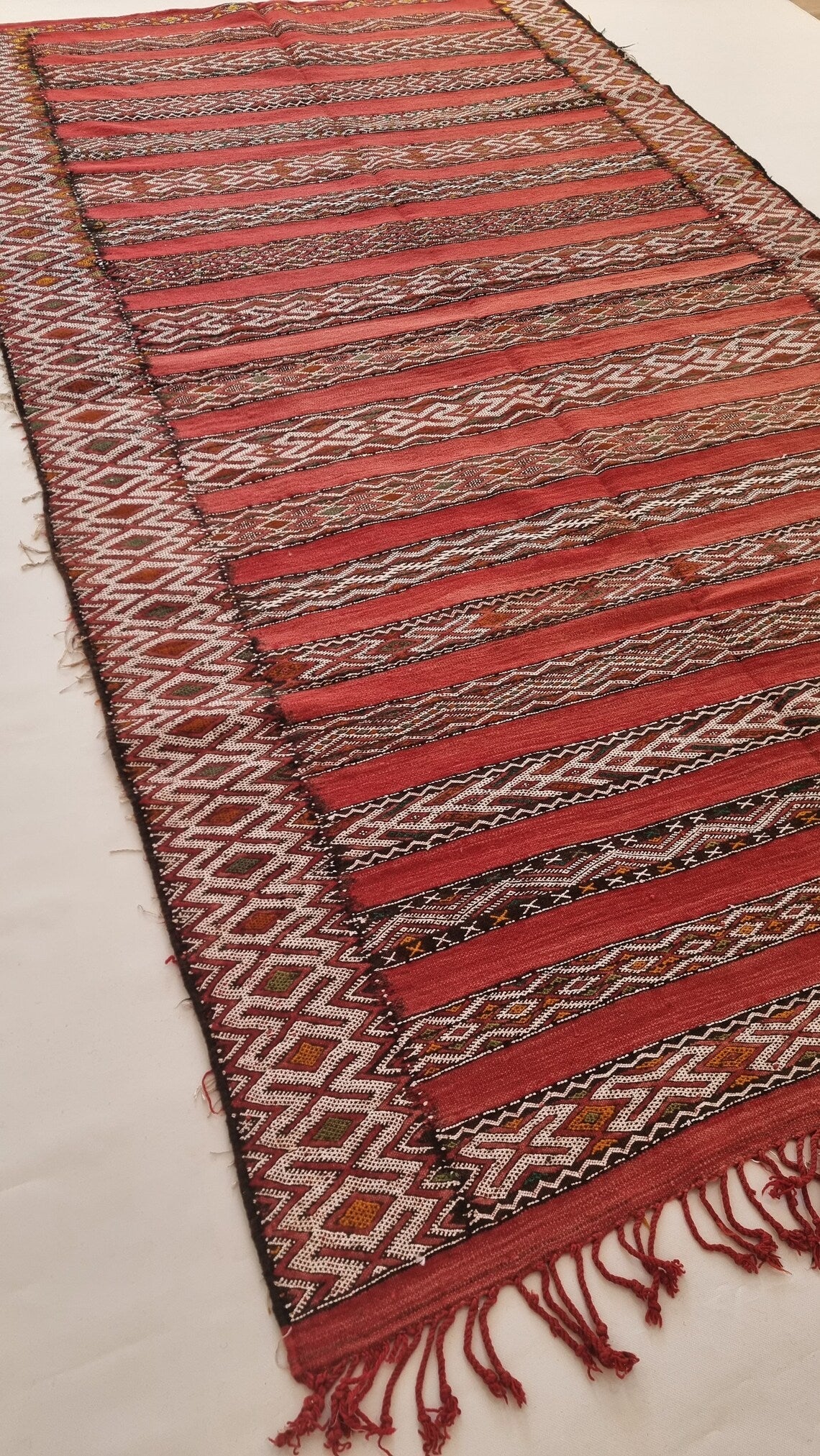 Moroccan Stripe Rug Red Ivory Wool 10'x5'6 Geometric Flatweave Kilim Pattern MoroccanBazzArts