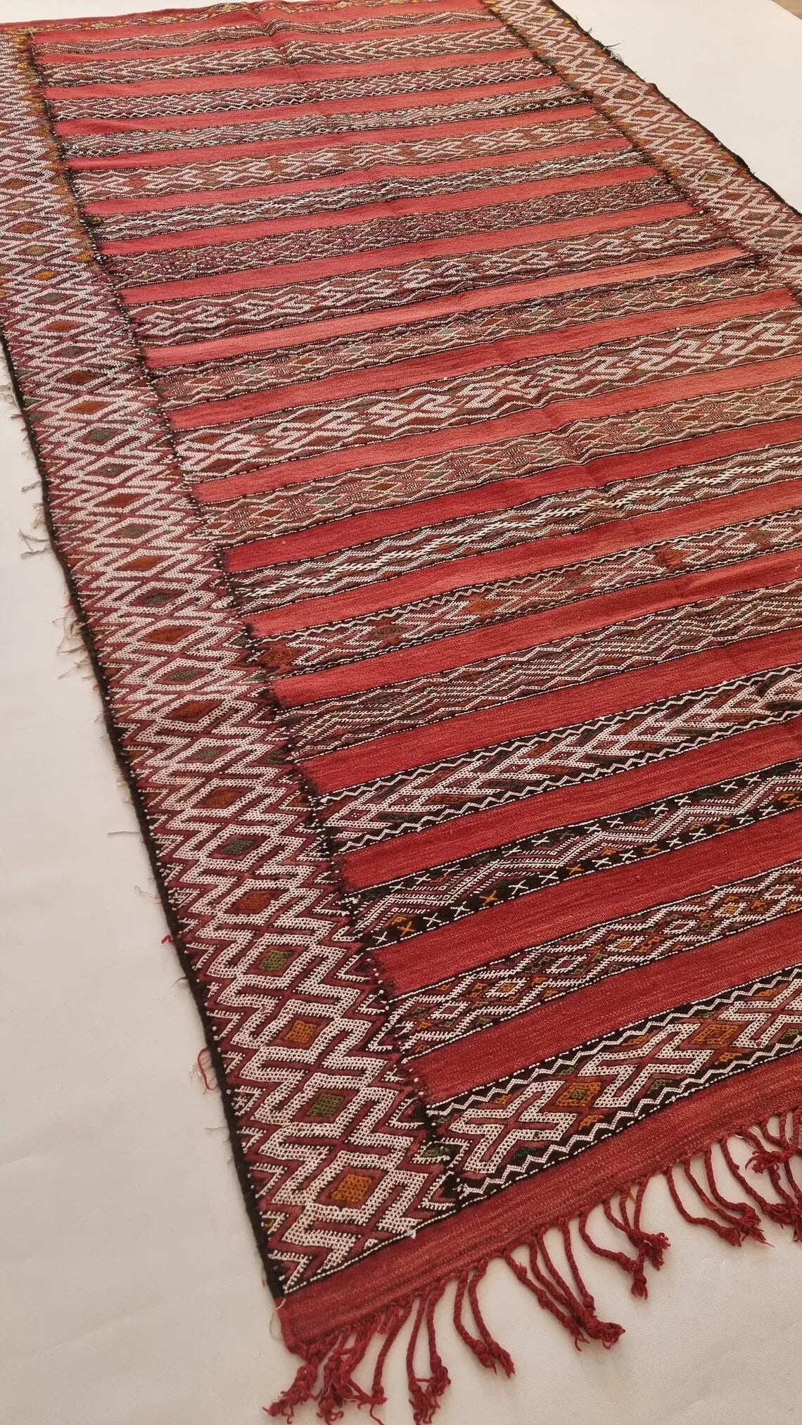 Moroccan Stripe Rug Red Ivory Wool 10'x5'6 Geometric Flatweave Kilim Pattern MoroccanBazzArts
