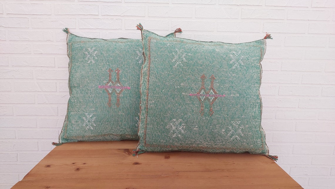 Set Of Two Handmade Cactus Silk Pillows Cases, Decorative Moroccan Pillows MoroccanBazzArts