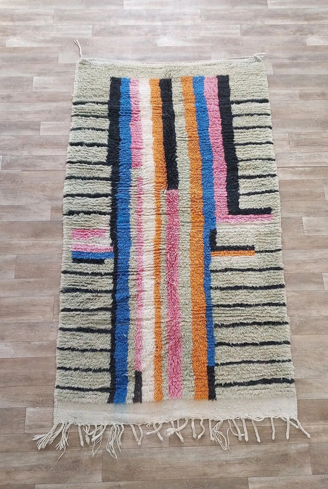 4.2x7.1 Ft Vintage Boujaad Rug . Handmade Colorful Stripped Wool Rug MoroccanBazzArts