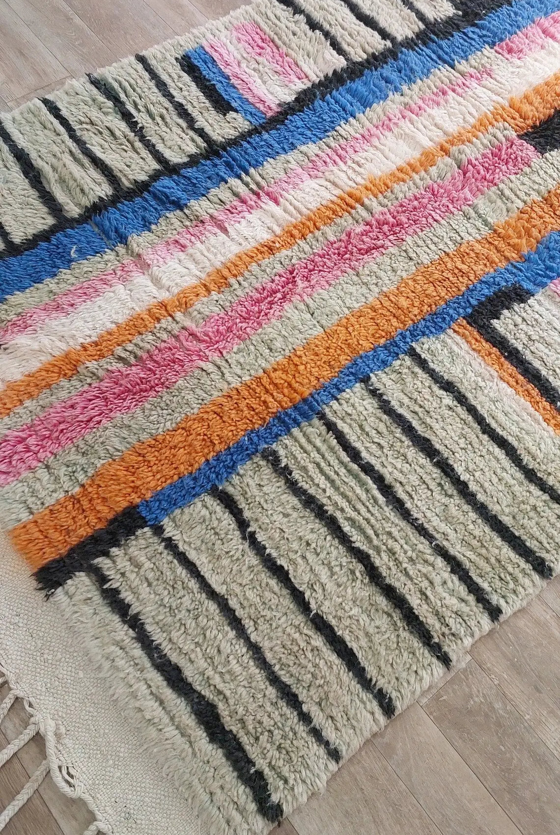4.2x7.1 Ft Vintage Boujaad Rug . Handmade Colorful Stripped Wool Rug MoroccanBazzArts