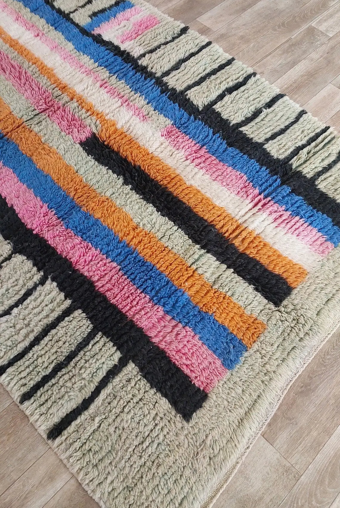 4.2x7.1 Ft Vintage Boujaad Rug . Handmade Colorful Stripped Wool Rug MoroccanBazzArts