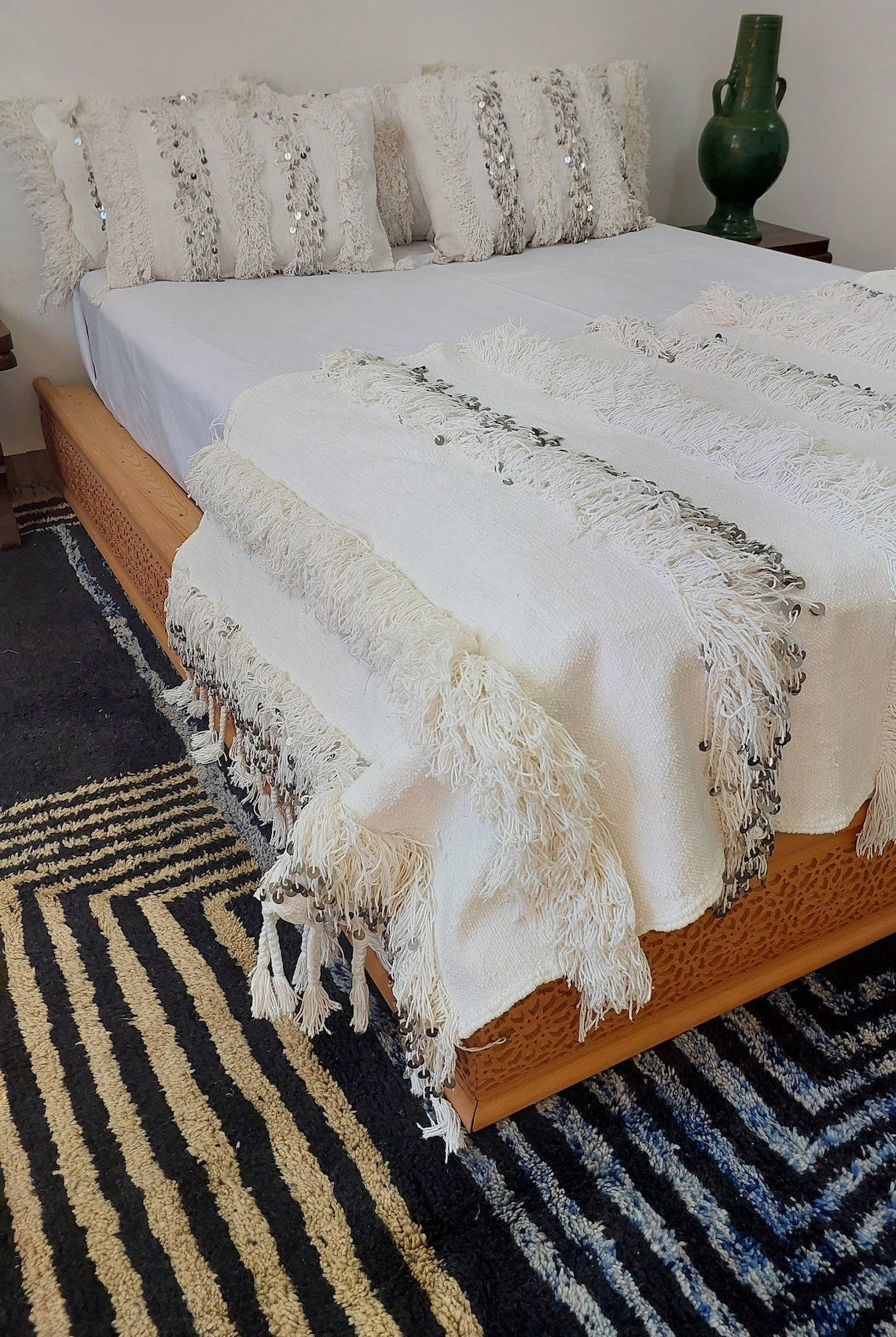 New Handmade Moroccan Wedding Blanket, Berber Handira, Throw Blanket, Size 112x226cm MoroccanBazzArts