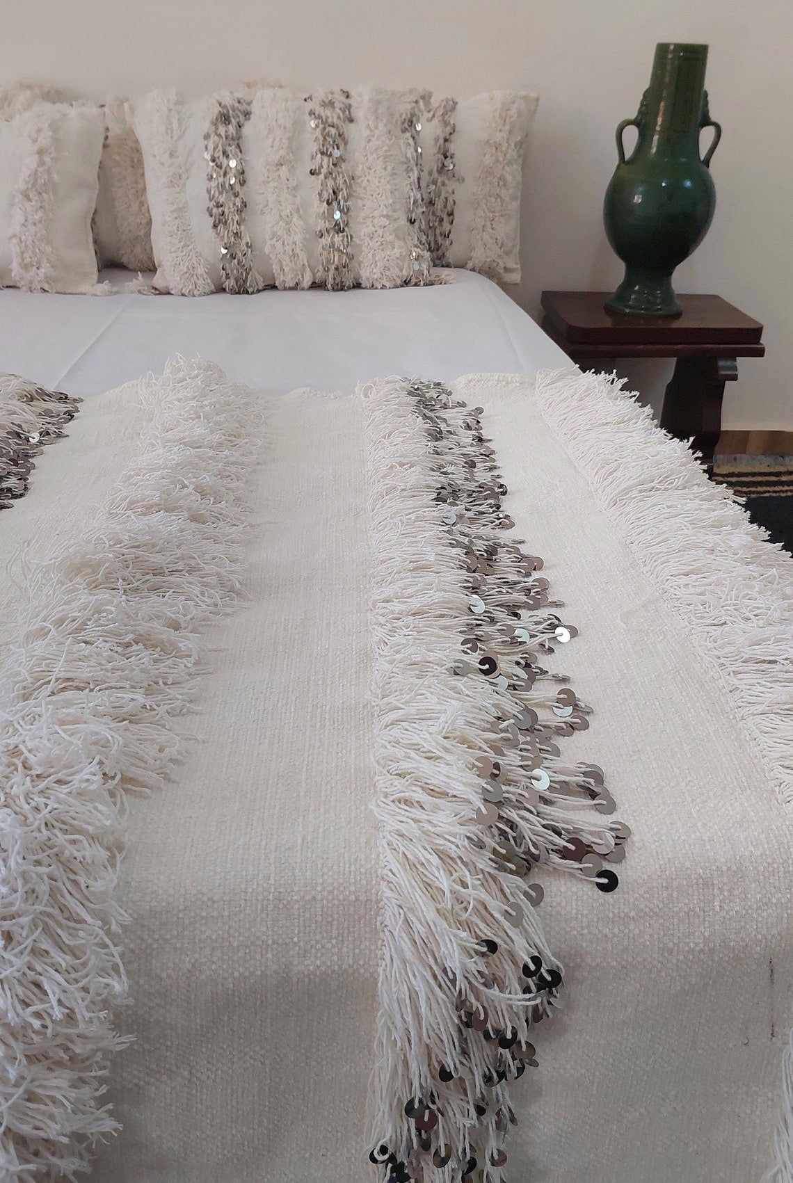 New Handmade Moroccan Wedding Blanket, Berber Handira, Throw Blanket, Size 112x226cm MoroccanBazzArts