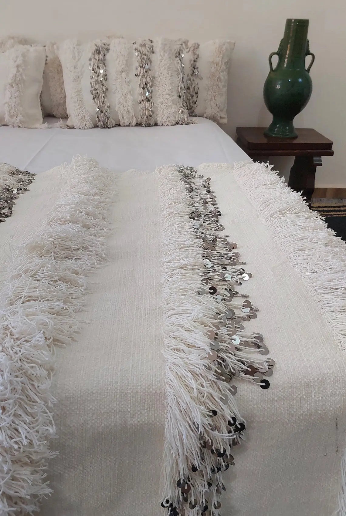 New Handmade Moroccan Wedding Blanket, Berber Handira, Throw Blanket, Size 112x226cm MoroccanBazzArts