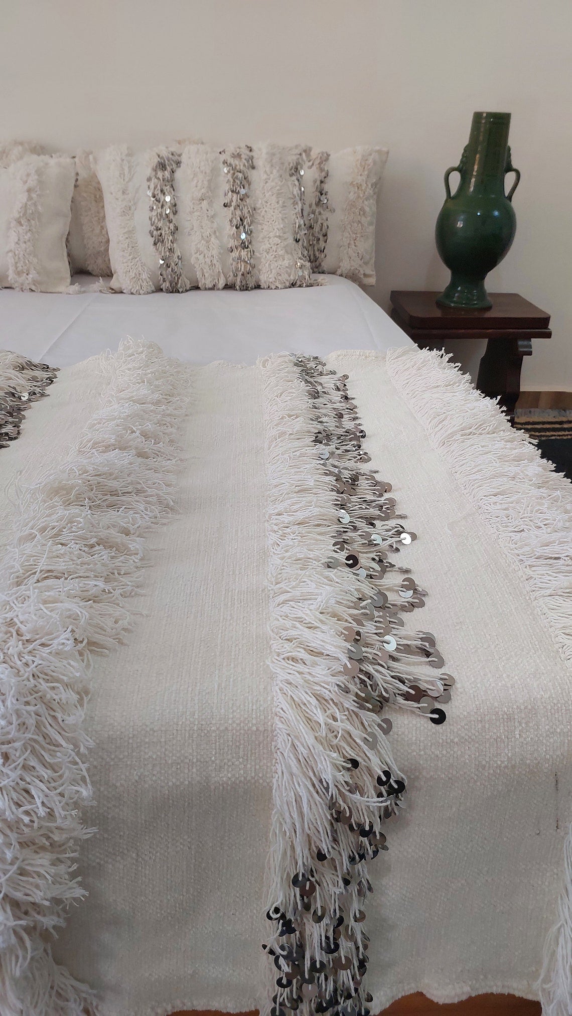 New Handmade Moroccan Wedding Blanket, Berber Handira, Throw Blanket, Size 112x226cm MoroccanBazzArts
