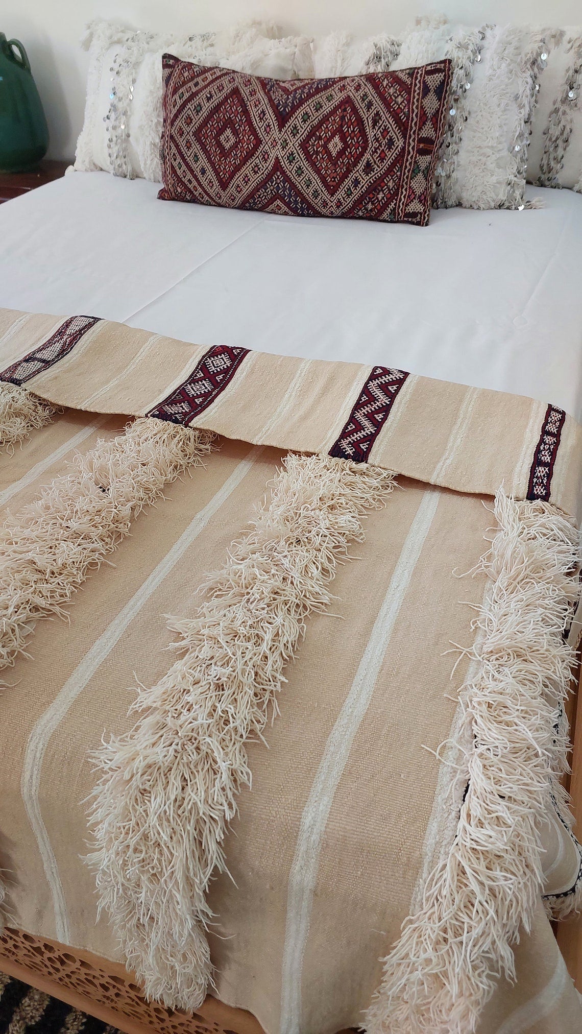 Authentic Moroccan Wedding Blanket, Without Sequins, Vintage Berber Handira. 3.9x6ft MoroccanBazzArts