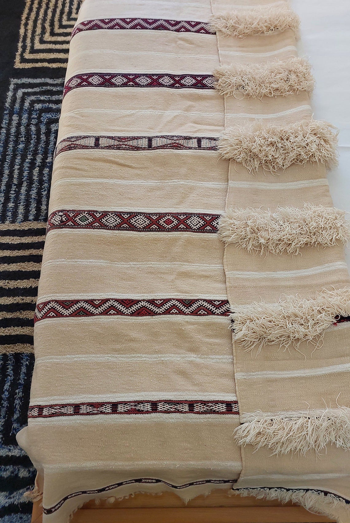 Authentic Moroccan Wedding Blanket, Without Sequins, Vintage Berber Handira. 3.9x6ft MoroccanBazzArts