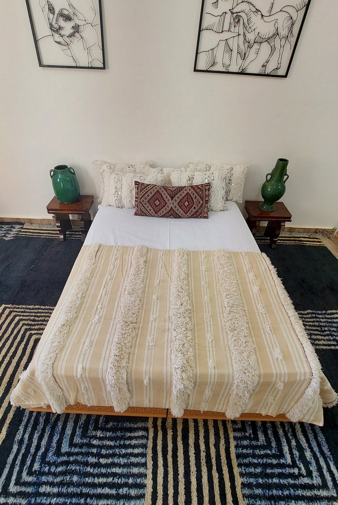 Moroccan Wedding Blanket, "Mona" Authentic Berber, Handira, Throw Blanket. 4x6.5ft MoroccanBazzArts