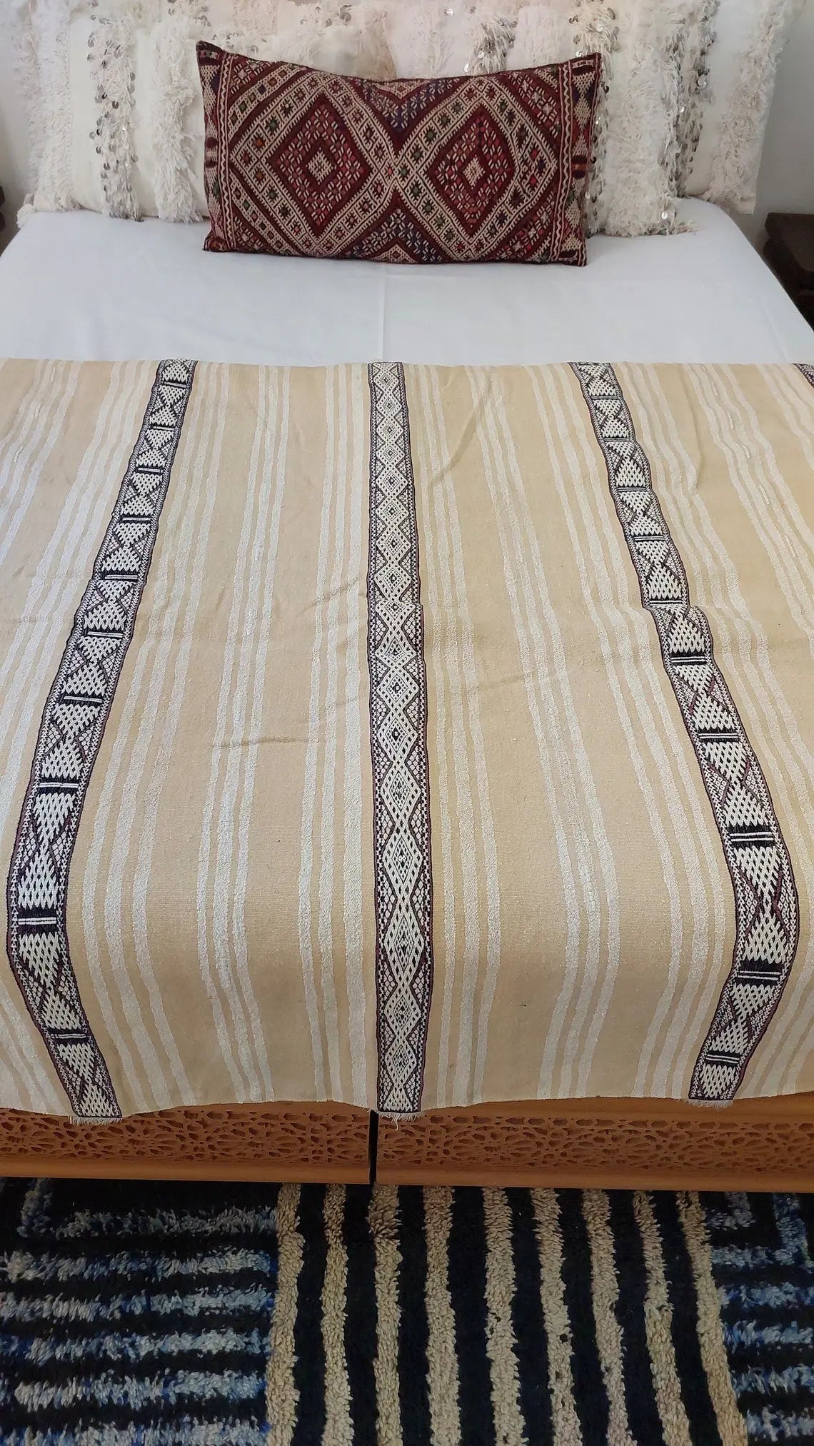Moroccan Wedding Blanket, "Mona" Authentic Berber, Handira, Throw Blanket. 4x6.5ft MoroccanBazzArts