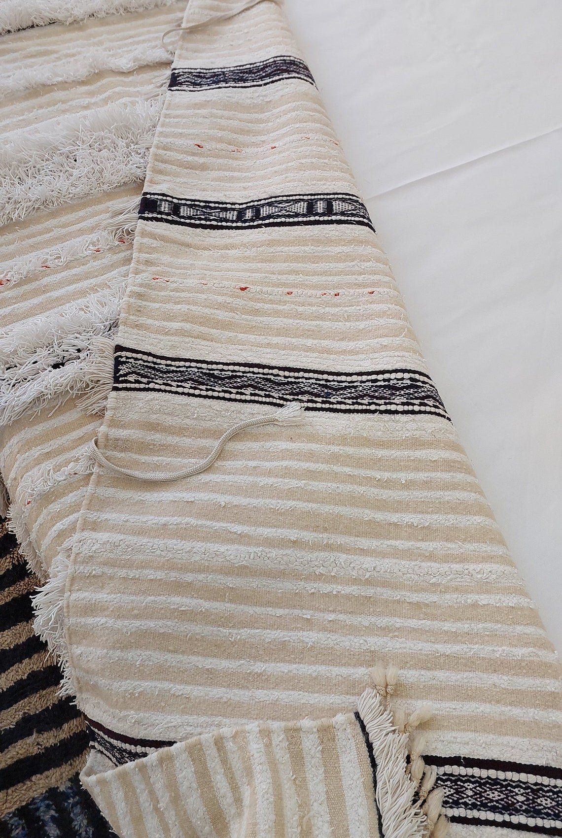 Authentic Moroccan Berber Handira Wedding Blanket - Mona White Throw for Bedroom Decor 3.6x6.10 ft MoroccanBazzArts