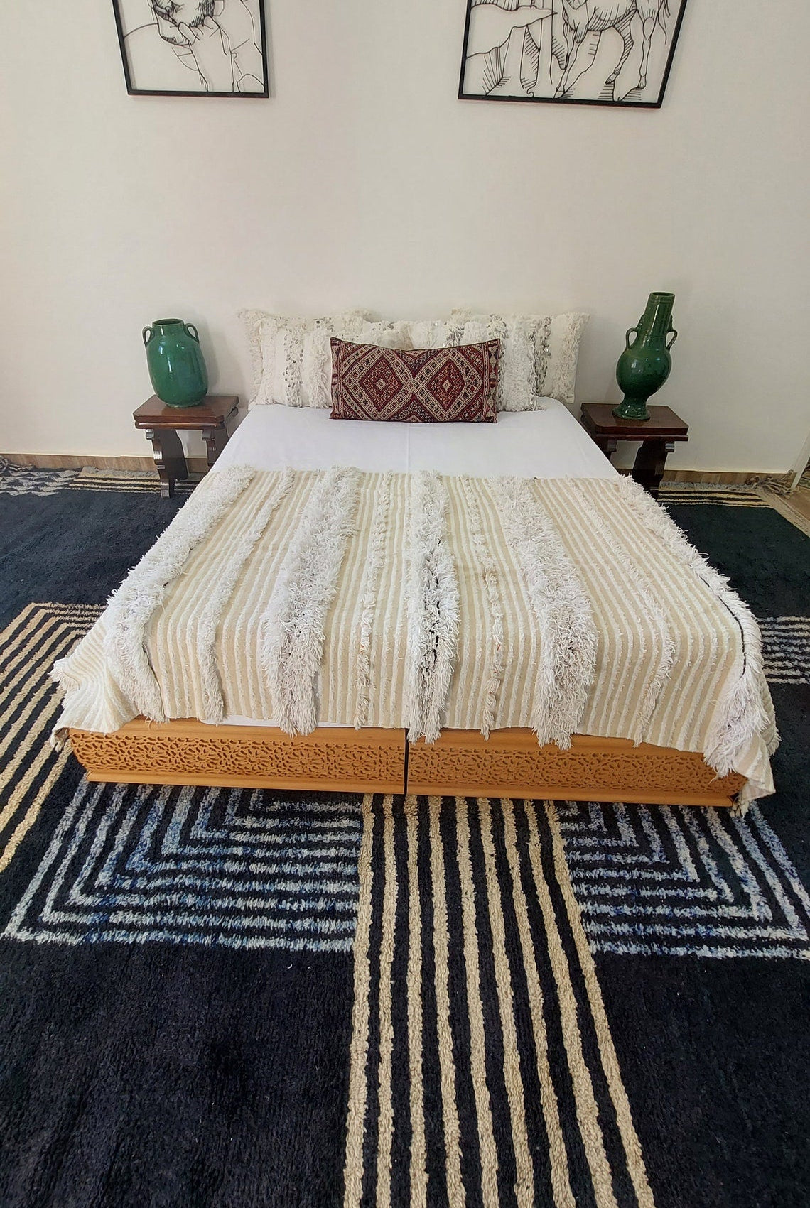 Authentic Moroccan Berber Handira Wedding Blanket - Mona White Throw for Bedroom Decor 3.6x6.10 ft MoroccanBazzArts