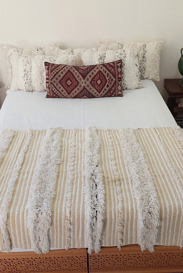 Authentic Moroccan Berber Handira Wedding Blanket - Mona White Throw for Bedroom Decor 3.6x6.10 ft MoroccanBazzArts