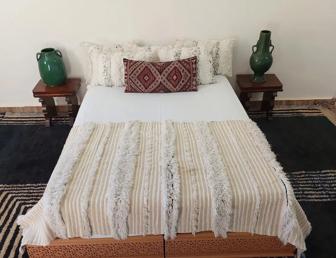 Authentic Moroccan Berber Handira Wedding Blanket - Mona White Throw for Bedroom Decor 3.6x6.10 ft MoroccanBazzArts