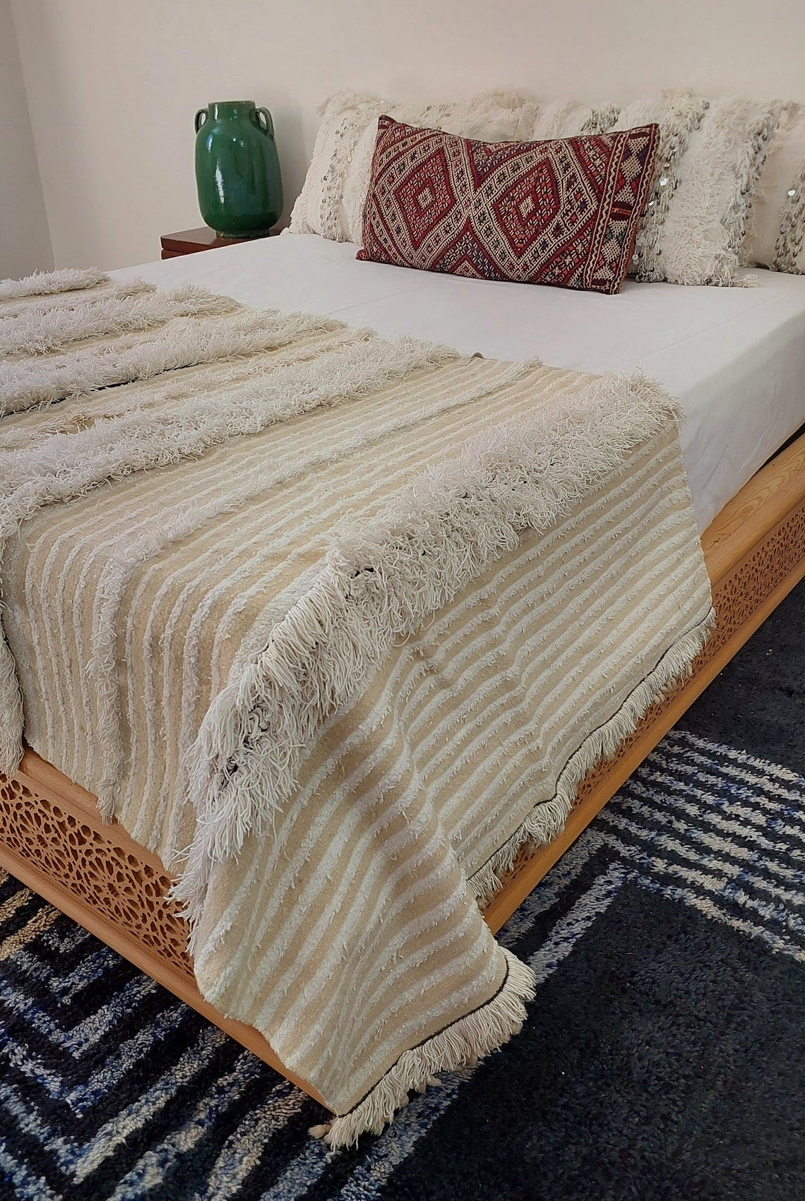 Authentic Moroccan Berber Handira Wedding Blanket - Mona White Throw for Bedroom Decor 3.6x6.10 ft MoroccanBazzArts