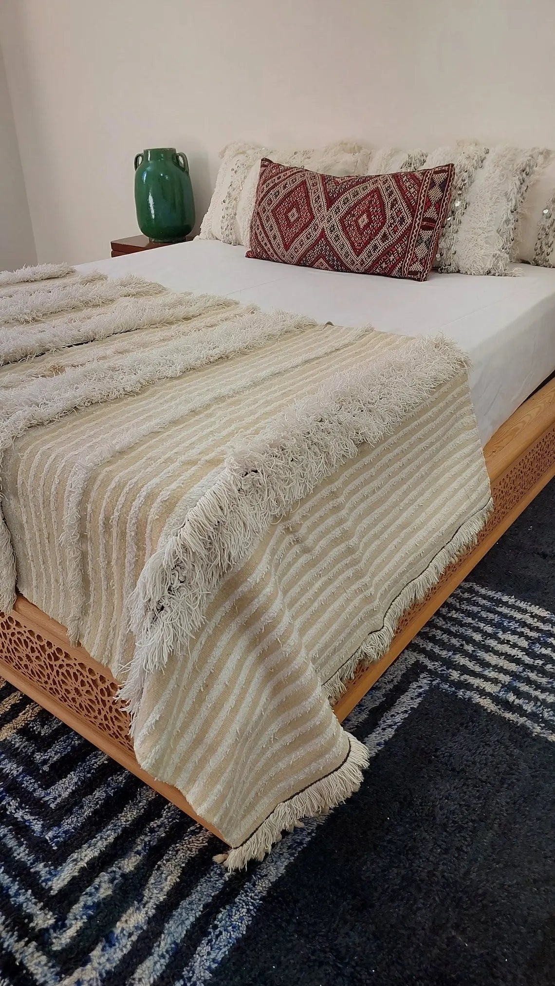 Authentic Moroccan Berber Handira Wedding Blanket - Mona White Throw for Bedroom Decor 3.6x6.10 ft MoroccanBazzArts