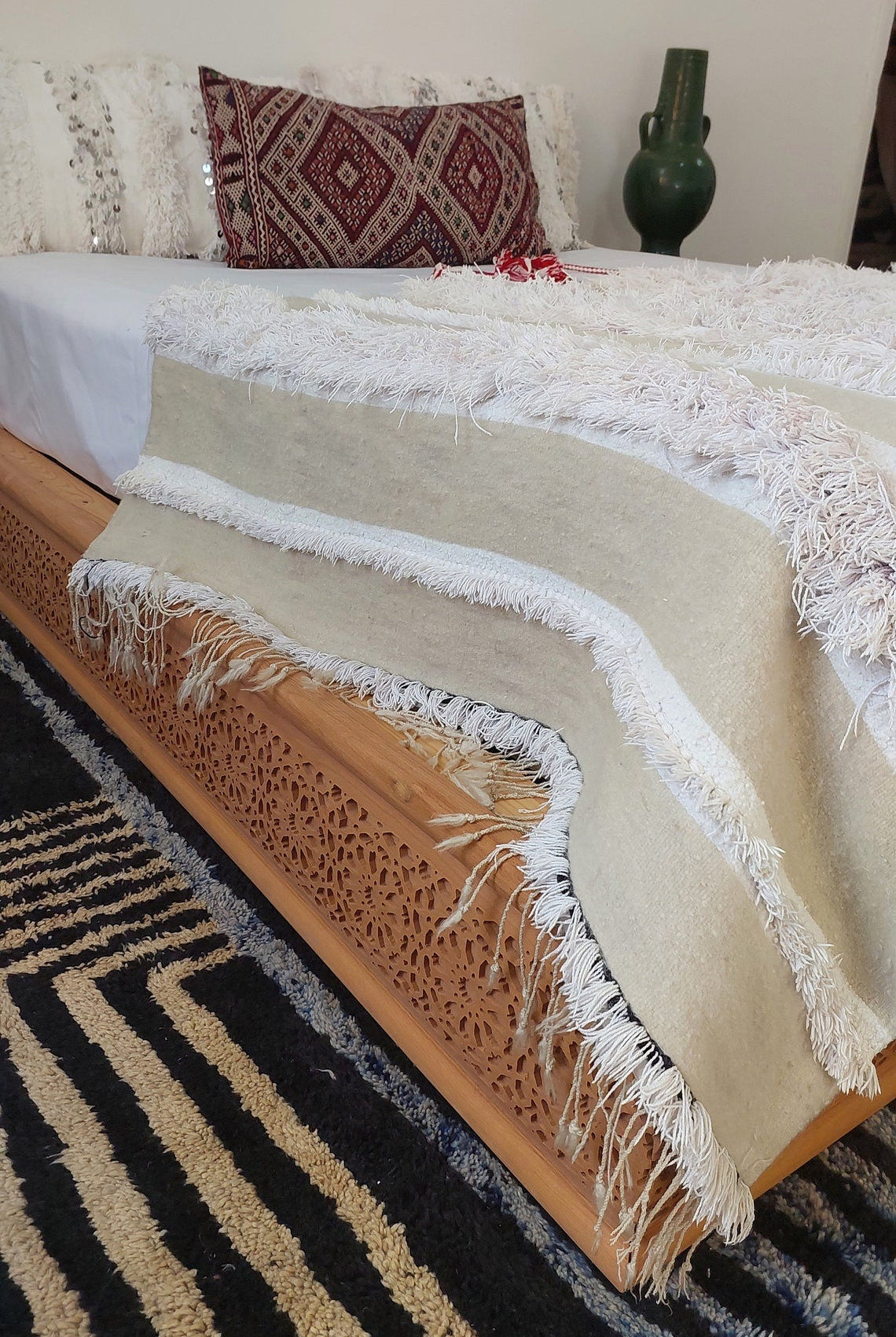 Vintage Moroccan Berber Handira: Handmade Ivory Wool Wedding Blanket - Authentic Tribal Textile MoroccanBazzArts