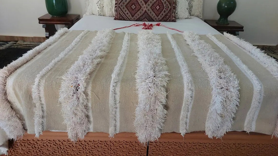 Vintage Moroccan Berber Handira: Handmade Ivory Wool Wedding Blanket - Authentic Tribal Textile MoroccanBazzArts