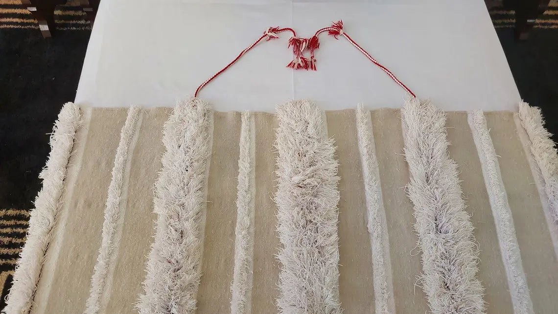 Vintage Moroccan Berber Handira: Handmade Ivory Wool Wedding Blanket - Authentic Tribal Textile MoroccanBazzArts