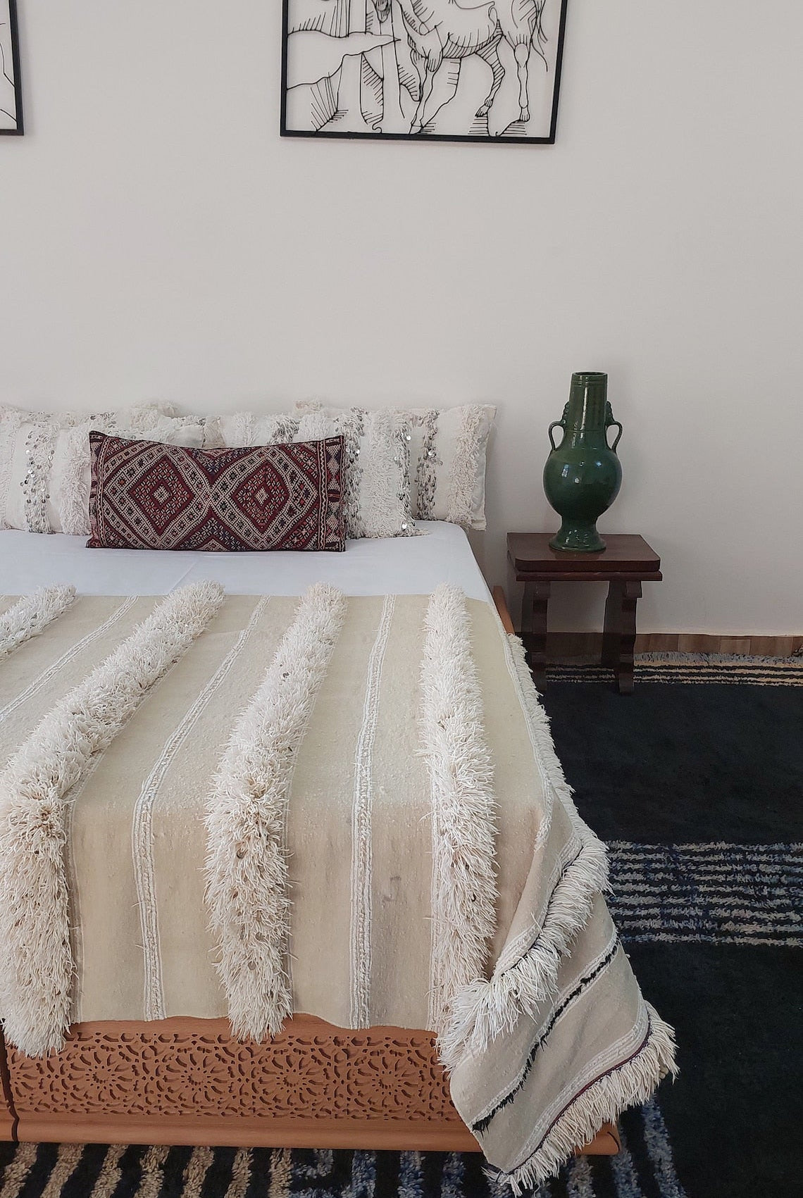 Handira Bed Throw Cream Fringe: Authentic Moroccan 4x7ft Boho Blanket Neutral Sofa Decor MoroccanBazzArts