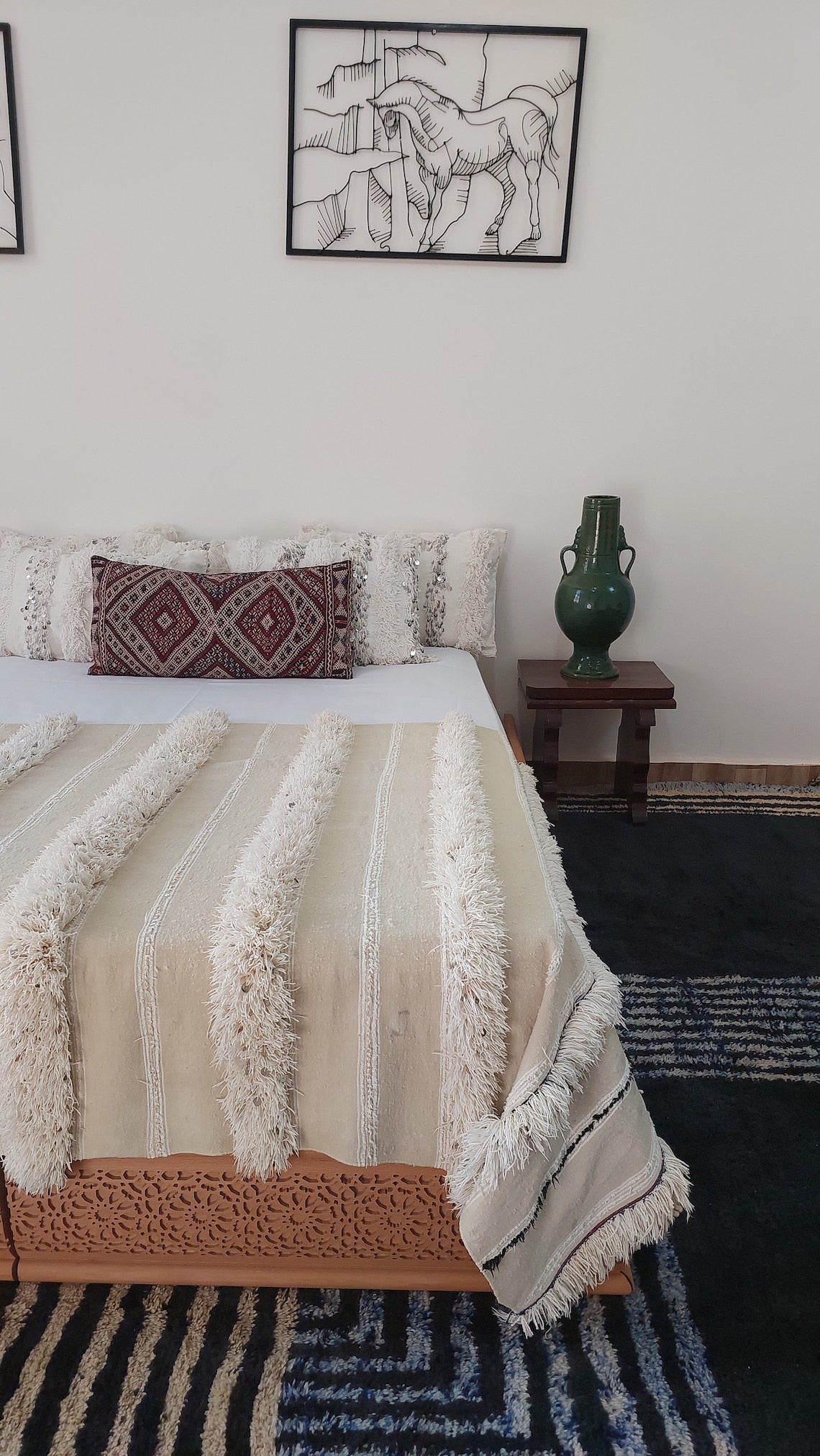 Handira Bed Throw Cream Fringe: Authentic Moroccan 4x7ft Boho Blanket Neutral Sofa Decor MoroccanBazzArts