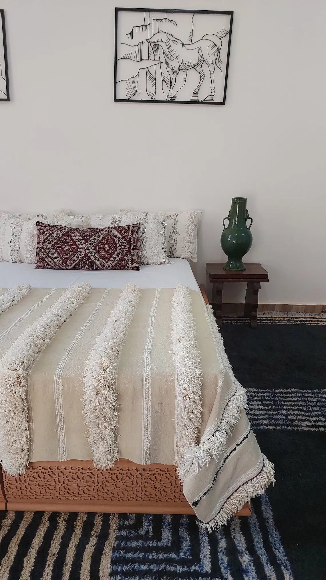 Handira Bed Throw Cream Fringe: Authentic Moroccan 4x7ft Boho Blanket Neutral Sofa Decor MoroccanBazzArts