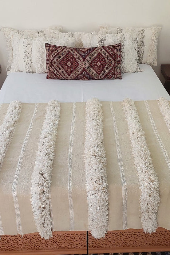 Handira Bed Throw Cream Fringe: Authentic Moroccan 4x7ft Boho Blanket Neutral Sofa Decor MoroccanBazzArts