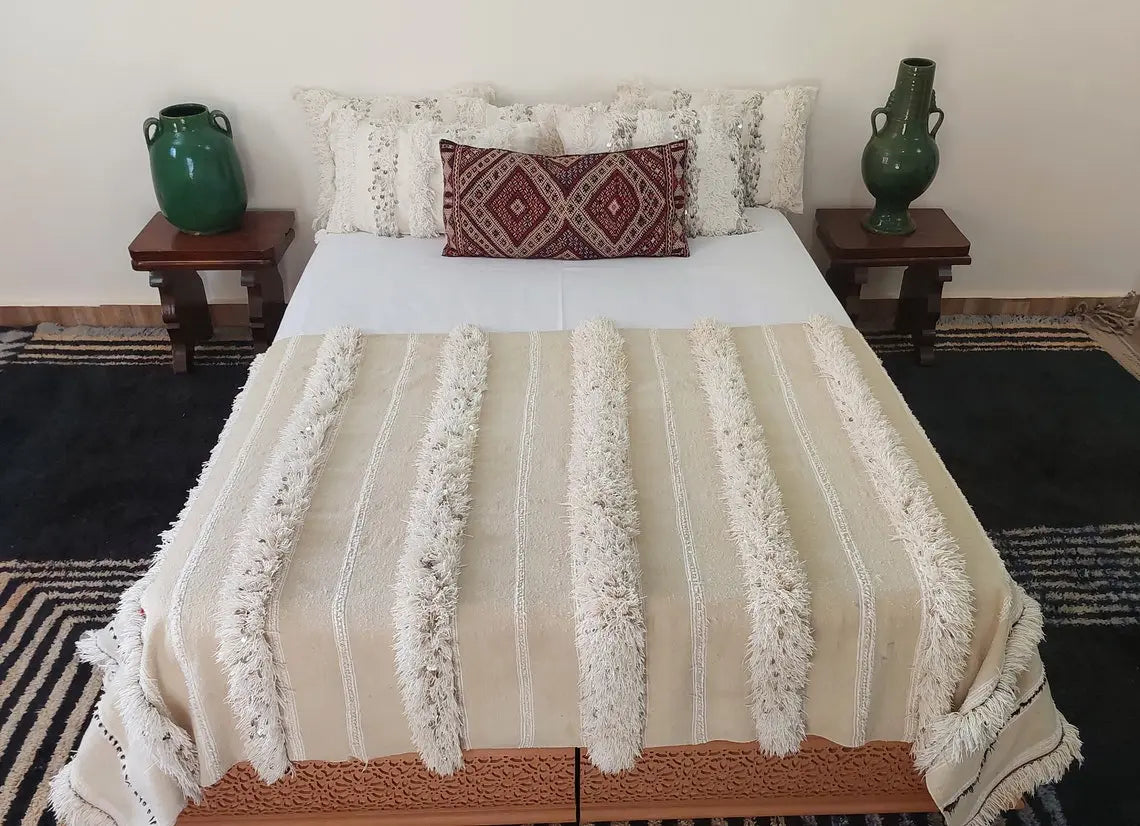 Handira Bed Throw Cream Fringe: Authentic Moroccan 4x7ft Boho Blanket Neutral Sofa Decor MoroccanBazzArts