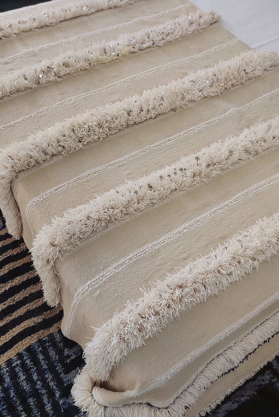 Handira Bed Throw Cream Fringe: Authentic Moroccan 4x7ft Boho Blanket Neutral Sofa Decor MoroccanBazzArts