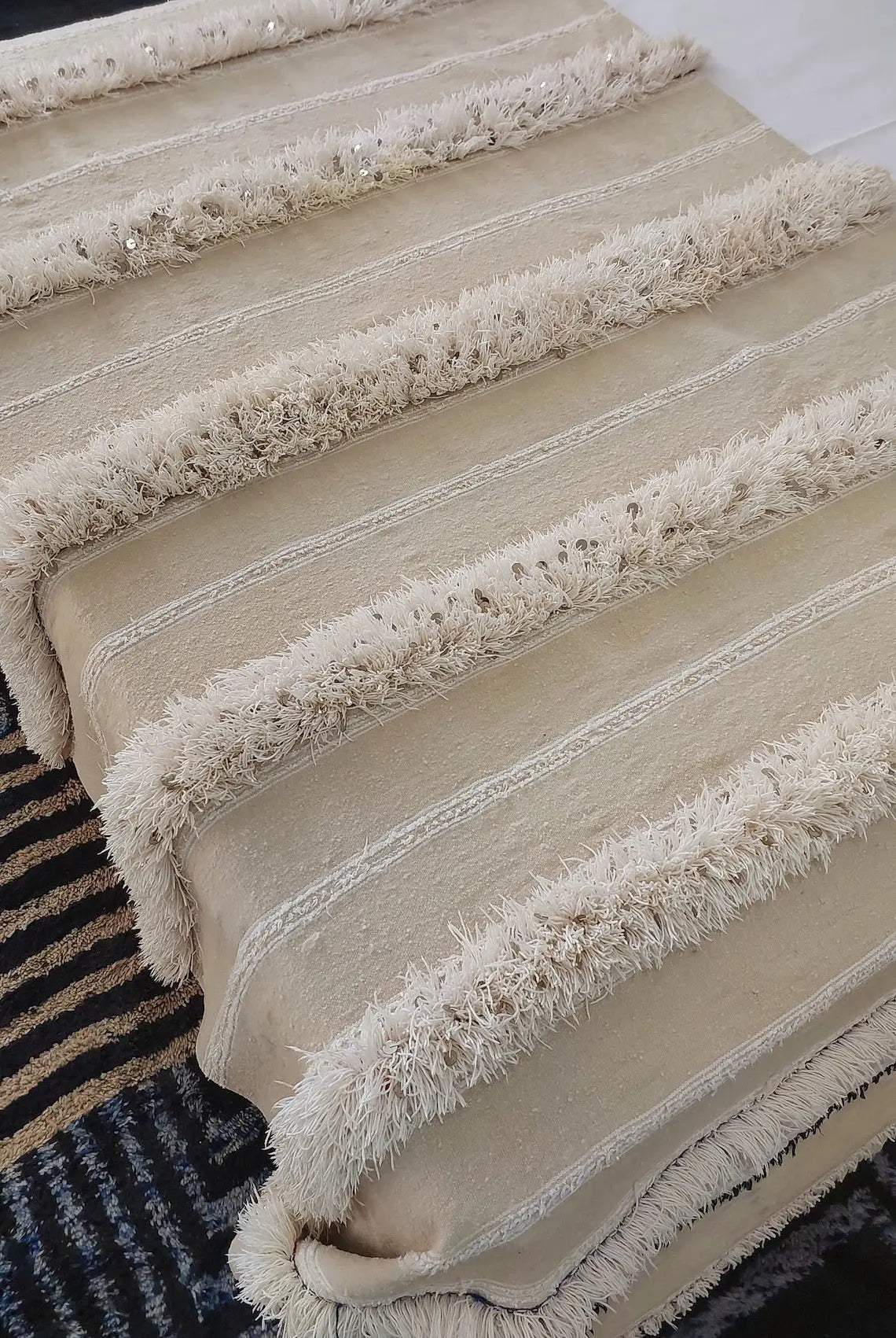 Handira Bed Throw Cream Fringe: Authentic Moroccan 4x7ft Boho Blanket Neutral Sofa Decor MoroccanBazzArts