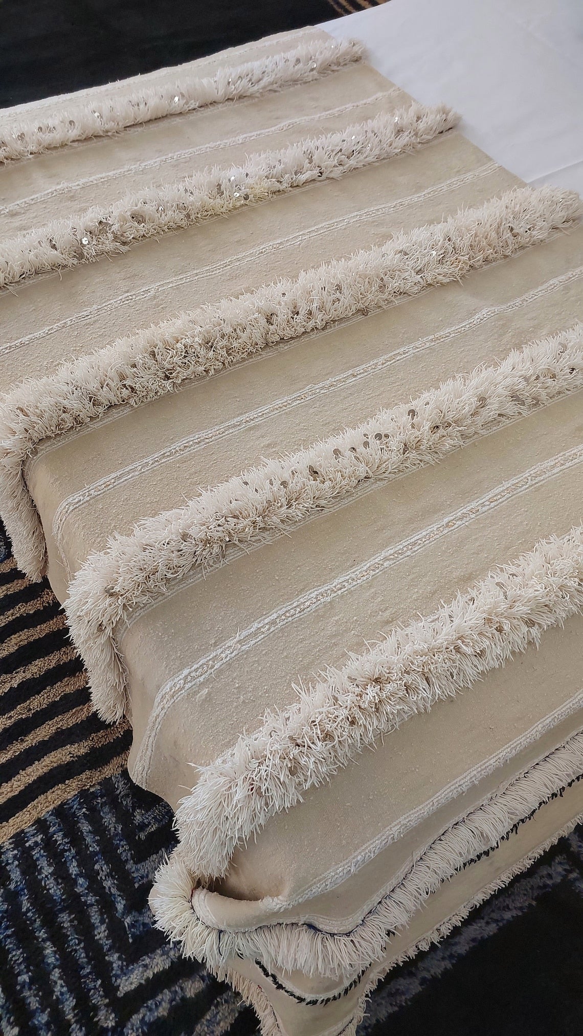 Handira Bed Throw Cream Fringe: Authentic Moroccan 4x7ft Boho Blanket Neutral Sofa Decor MoroccanBazzArts