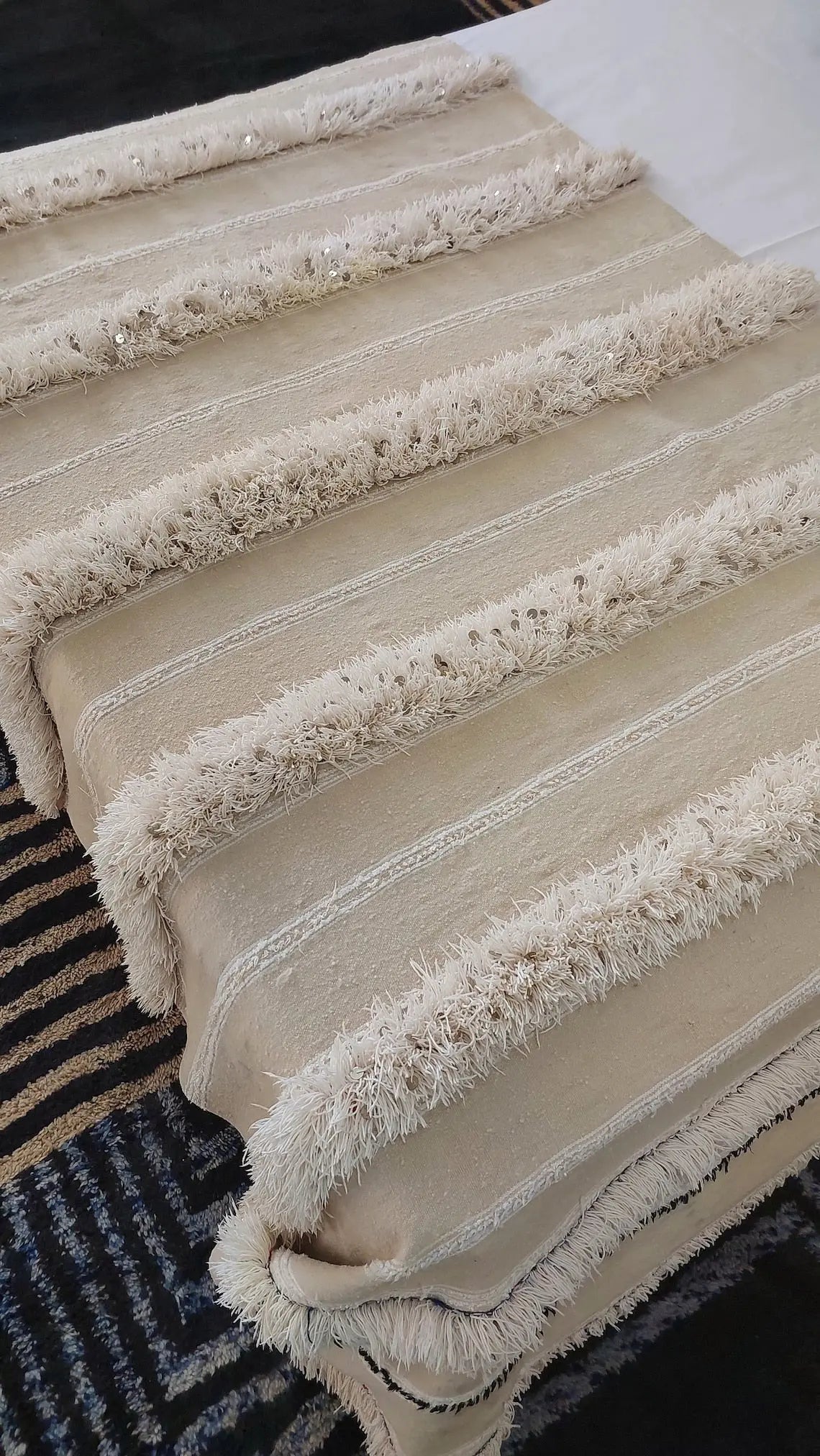 Handira Bed Throw Cream Fringe: Authentic Moroccan 4x7ft Boho Blanket Neutral Sofa Decor MoroccanBazzArts
