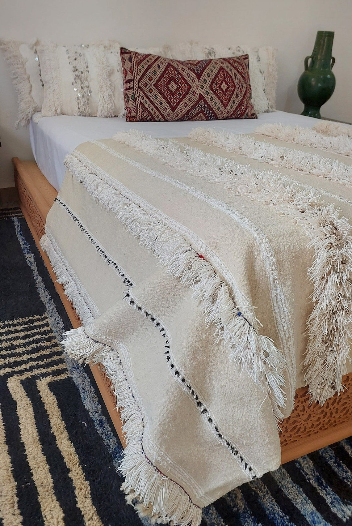 Handira Bed Throw Cream Fringe: Authentic Moroccan 4x7ft Boho Blanket Neutral Sofa Decor MoroccanBazzArts